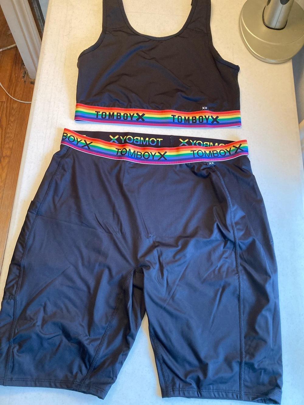 TomboyX Black Active Crop Top & Biker Shorts with Rainbow Waistband